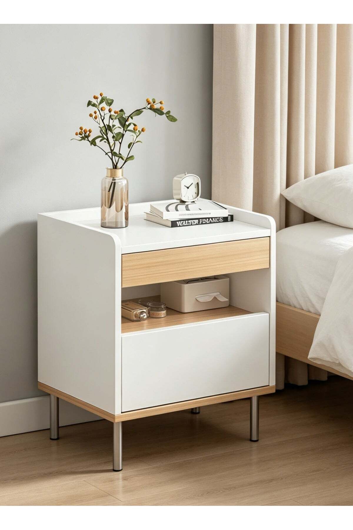 Modern Minimalist Nightstand Bedside Table with 2 Drawers for Bedroom Living Room