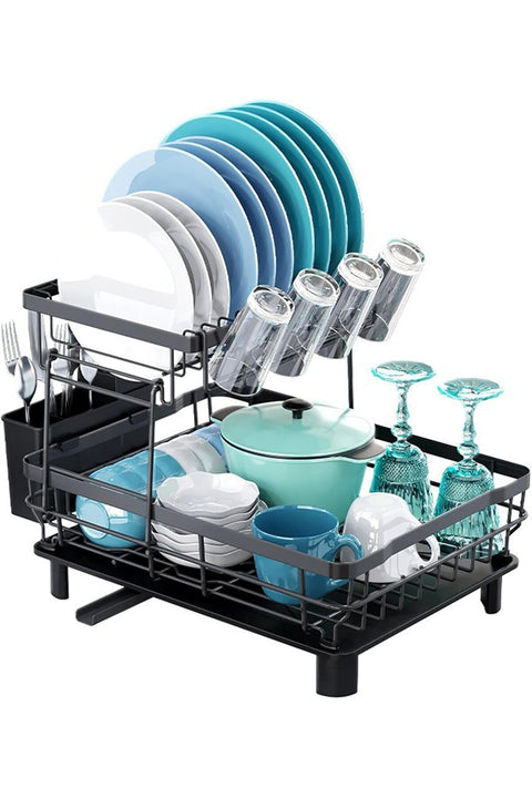 2 Tier Dish Drying Rack,Dish Drainer Rack,Dish Rack with Utensil Holder,Stainless Steel Dish Rack with Swivel Drainage Spout (Black)