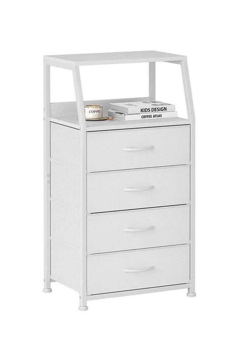 Deal Forthcan White Nightstand with 4 Fabric Drawers & 2-Tier Shelf, Small Bedside Table Storage Organizer with Steel Frame & Wood Top, End Table for Bedroom, Nursery, Closet & Hallway