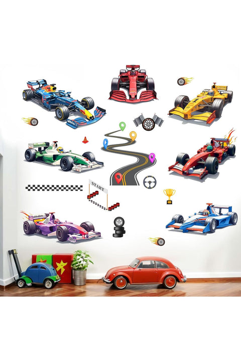 Racing Cars Wall Stickers - Vehicles Roads Boys Bedroom Wall Decals - Baby Nursery Kids Room Daycare Playroom Wall Decor