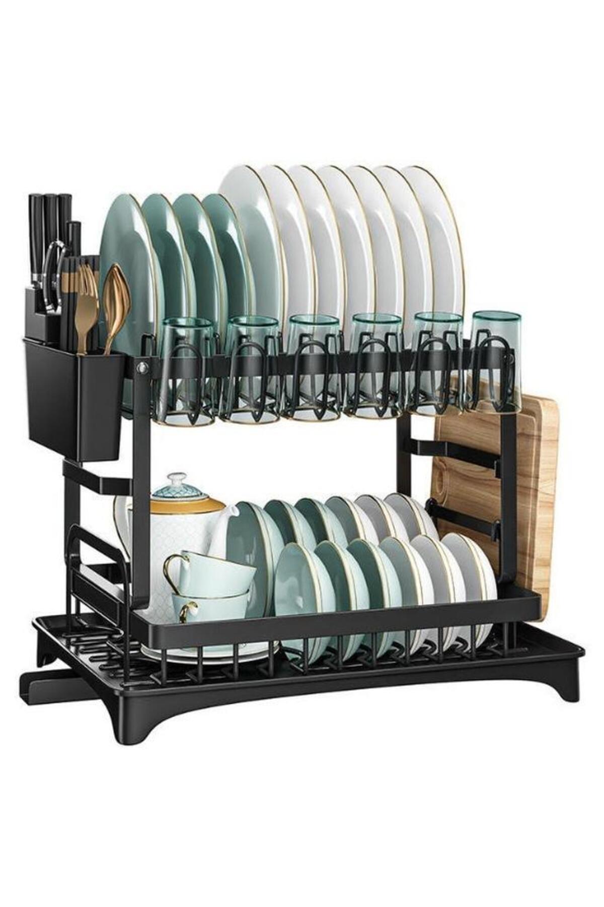 3-Tier Dish Drying Rack with Double-Layer Bowl Rack, Plastic Draining Tray, Chopstick Holder & Metal Cutting Board Rack – Carbon Steel, Rust-Resistant, Large Capacity – Black