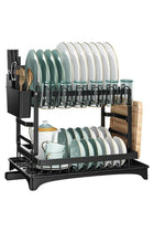 3-Tier Dish Drying Rack with Double-Layer Bowl Rack, Plastic Draining Tray, Chopstick Holder & Metal Cutting Board Rack – Carbon Steel, Rust-Resistant, Large Capacity – Black