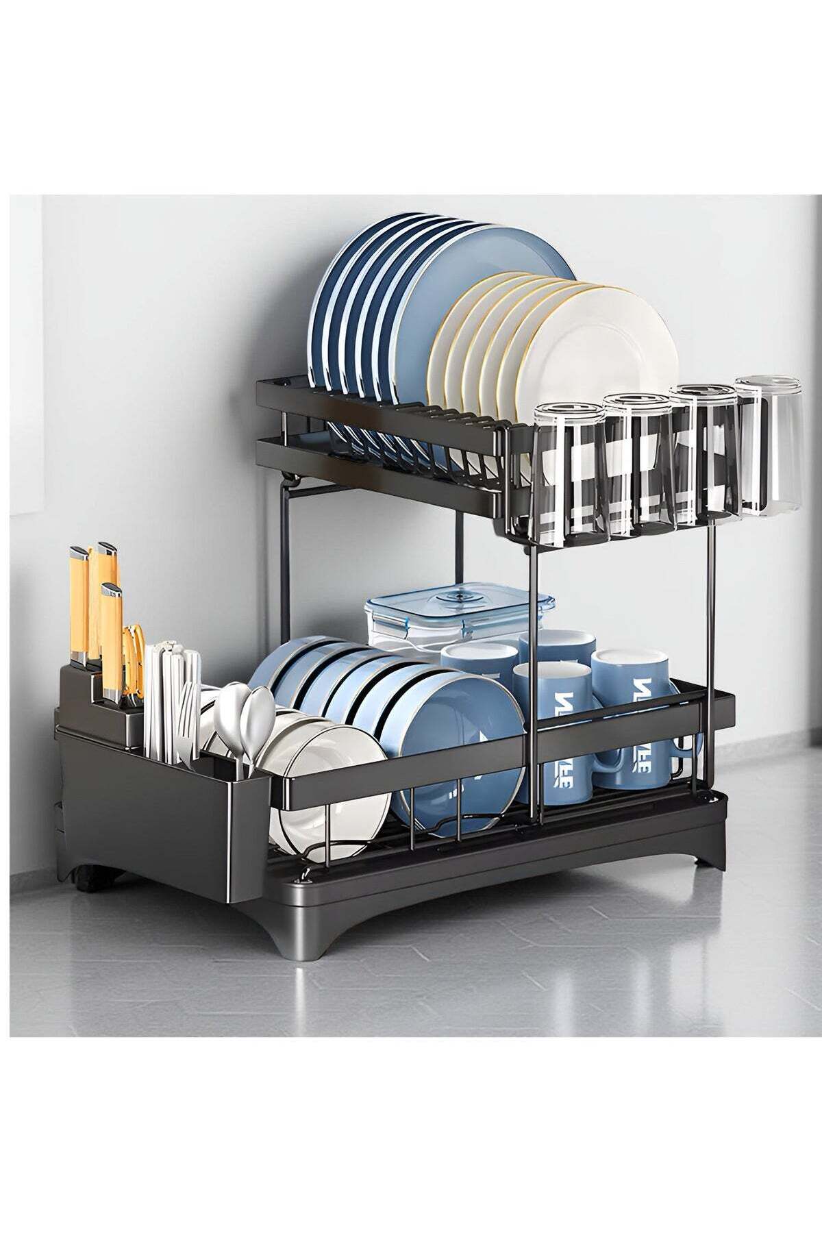 Dish Drying Rack for Kitchen Counter, 2 Tier Dish Rack, Stainless Steel Kitchen Dish Drying stand,Detachable Capacity Dish Drainer Organizer with Drain Board, Utensils Holder