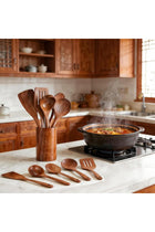CENXI Wooden Cooking Spoons, Cooking Utensils 6pcs, Natural Teak Wooden Spatulas, with Utensils Holder