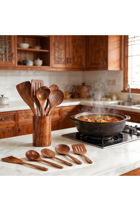 CENXI Wooden Cooking Spoons, Cooking Utensils 6pcs, Natural Teak Wooden Spatulas, with Utensils Holder