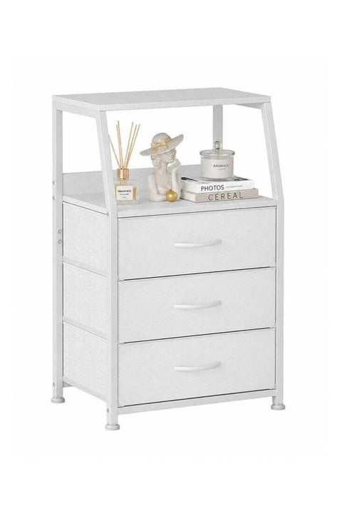 Deal Forthcan White Nightstand with 3 Fabric Drawers & 2-Tier Shelf, Small Bedside Table Storage Organizer with Steel Frame & Wood Top, End Table for Bedroom, Nursery, Closet & Hallway