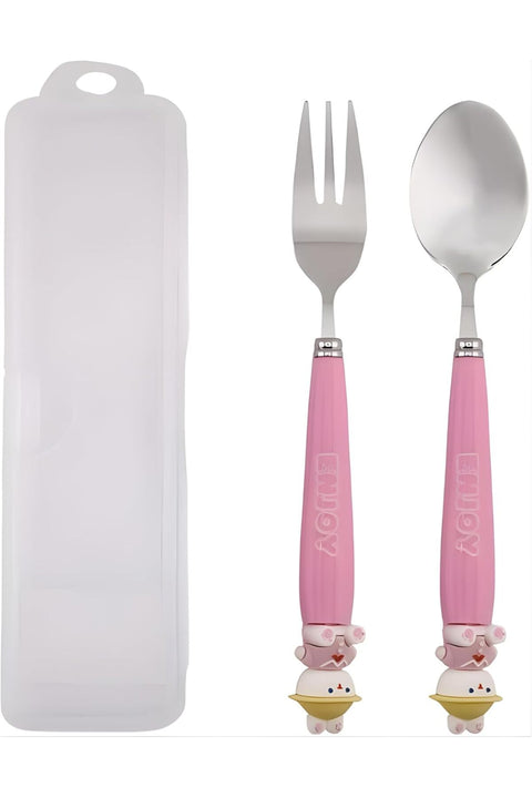 Teddy Design Kids Cutlery Set with Case - 2-Piece Stainless Steel BPA Free Cutlery Set Includes Spoon, Fork and Case for Lunch Box, Picnic and Travel (Pink)