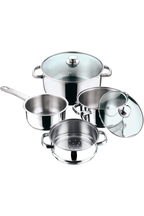 STAINLESS STEEL 6 PC COOKWARE SET WITH STEAMER, VICS06, SAUCEPAN - 16CM WITHOUT LID | CASSEROLE - 20 & 24CM WITH GLASS LID | STEAMER INSERT - 20CM