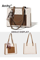 Women's Leather Two-Tone Tote Bag Ladies Geometric & Letter Embossed Twilly Scarf Decor