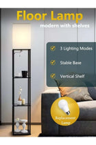 FUOE Floor-standing shelf lamp, warm lighting, 3-color LED, smart remote, wood grain, modern, black.