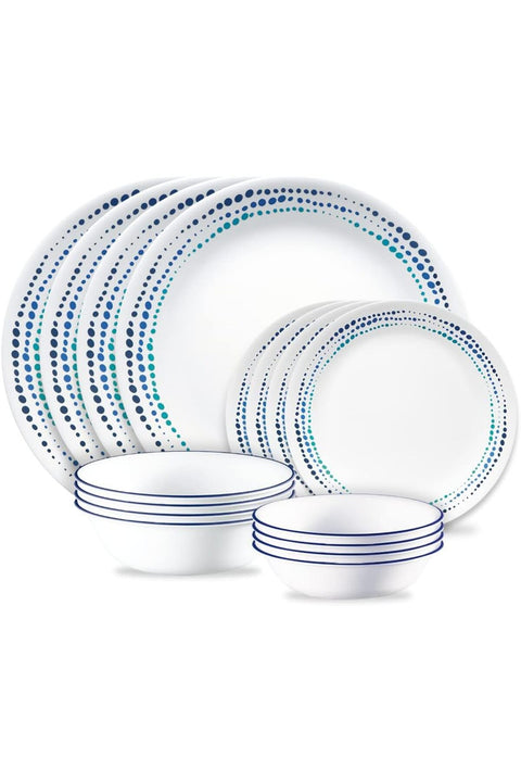 Ocean Blues 16pc, Chip & Break Resistant Dinnerware Set, Service for 4, Dinner Plates and Dinner Bowls, White