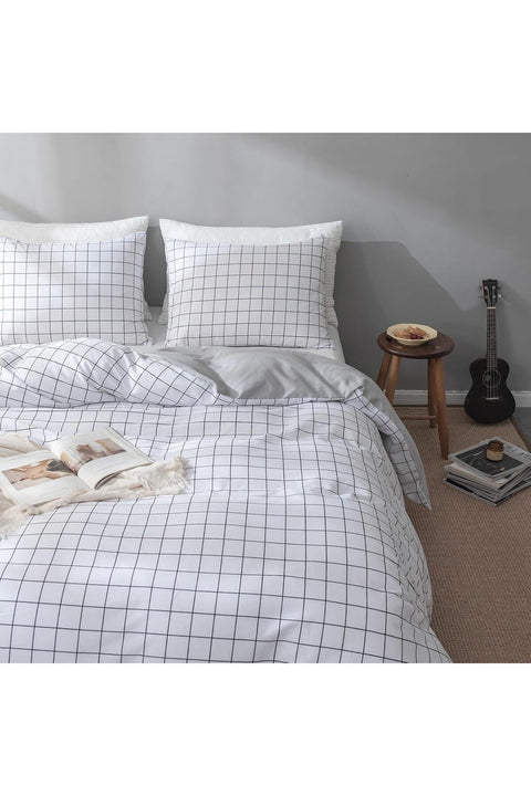 VCLIFE Queen/Full Duvet Cover Set Cotton Bedding Set Collection with 2 Pillow Shams Grey White Chequered Style
