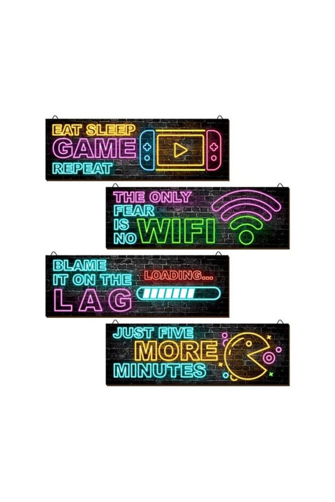 Clothmile 4 Pcs Neon Gaming Decor For Boys Room Wooden Video Game Wall Art Motivational Quote Gamer Hanging Plaques Inspirational Wall Decor For Boys Kids Room Bedroom Playroom Decorations