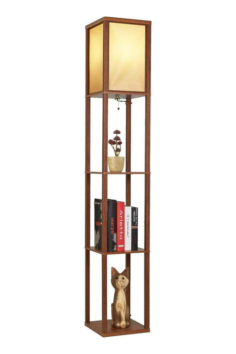 Modern Wooden Corner Bookshelf Floor Lamp with 3-Tier Display Shelves, Warm Ambient LED Lighting