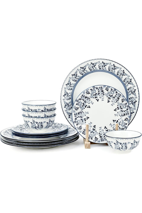Shallow By ROSA Porcelain 12-Piece Dinner Set Crockery Dinnerware with Plates, Side Plates & Bowls | Stackable Tableware for Ramadan Iftar, Family Dining & Everyday Use | Service for 4