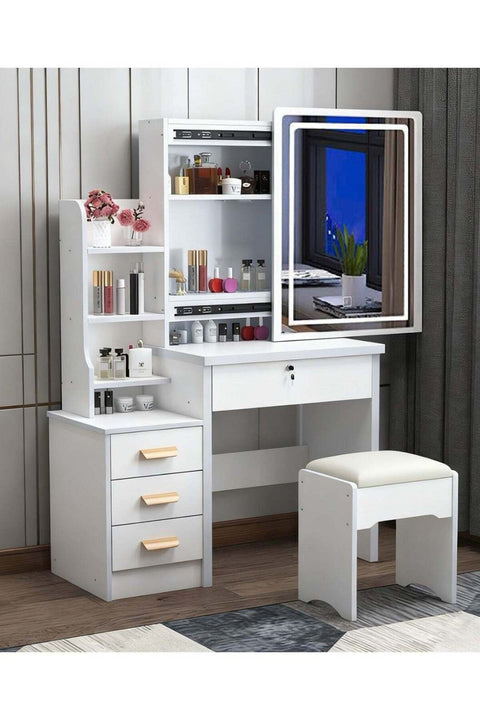 Makeup Vanity Desk with Mirror & Lights, Vanity Table and Chair Set with 4 Drawers & Hidden Storage Shelves, Dressing Table for Bedroom, Women Girls Gift, White, SZZ008LED