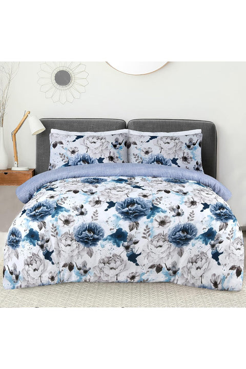 Inky Floral Blue Easy Care Soft Cosy Reversible Duvet Cover Quilt Bedding Set with Pillowcase - King (220cm x 230cm)