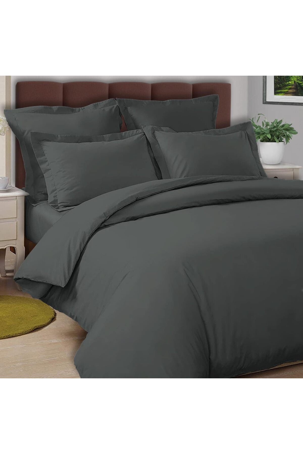 Cotton Double Duvet Cover 200x200 cm Dark Grey, 100% Long Staple Cotton Percale Weave Quilt Cover with Button Closure (Bedding Set - 3 pc)
