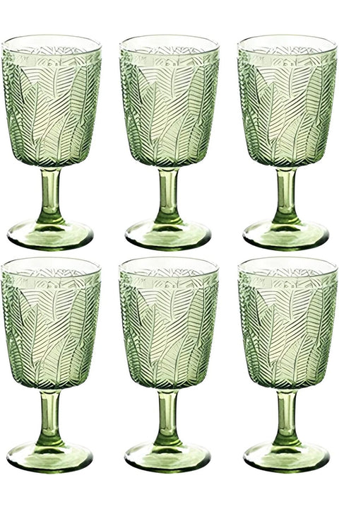 Colored Glass Goblet Vintage,11 Ounces Vintage Embossed Leaf Pattern，green Wine Glasses set of 6,Water Goblets/Goblet Glasses/Drinking Glasses for Wedding,Party,Home