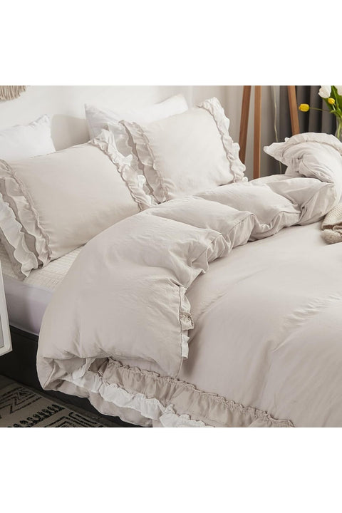 Herside Ruffle Duvet Cover Double Boho Bedding 2 Layers Beige White Ruched Ruffle Design Shabby Chic Bedding Sets