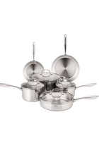 10 Piece Triply Stainless Steel Cookware Set, set includes 1x16cm Saucepan with lid, 1x18cm Saucepan with lid, 1x24cm Casserole with lid, 1x26cm Sautee P an with lid, 1x20cm open Frypan, 1x2