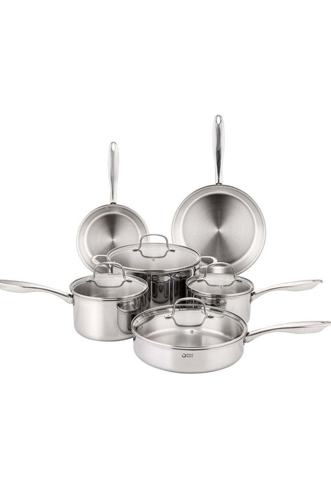 10 Piece Triply Stainless Steel Cookware Set, set includes 1x16cm Saucepan with lid, 1x18cm Saucepan with lid, 1x24cm Casserole with lid, 1x26cm Sautee P an with lid, 1x20cm open Frypan, 1x2