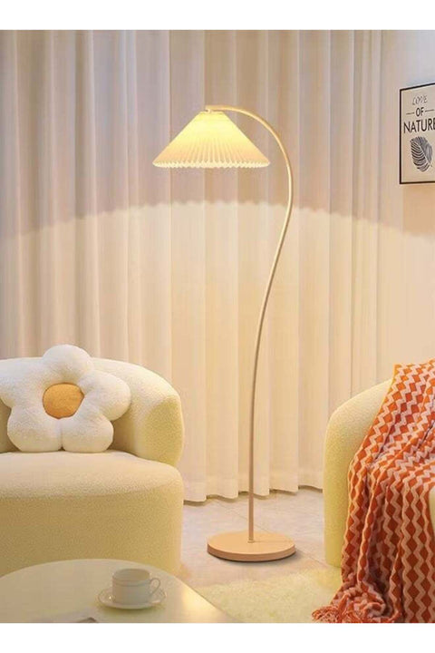 LED Floor Lamp with Pleated Shade, Modern Stand Light with Warm Light Bulb, Metal Pole, Beige Shade