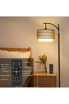 Arc Floor Lamp for Living Room, 3 Color Temperatures, Remote & Dimmable, Rattan & Fabric Shades
