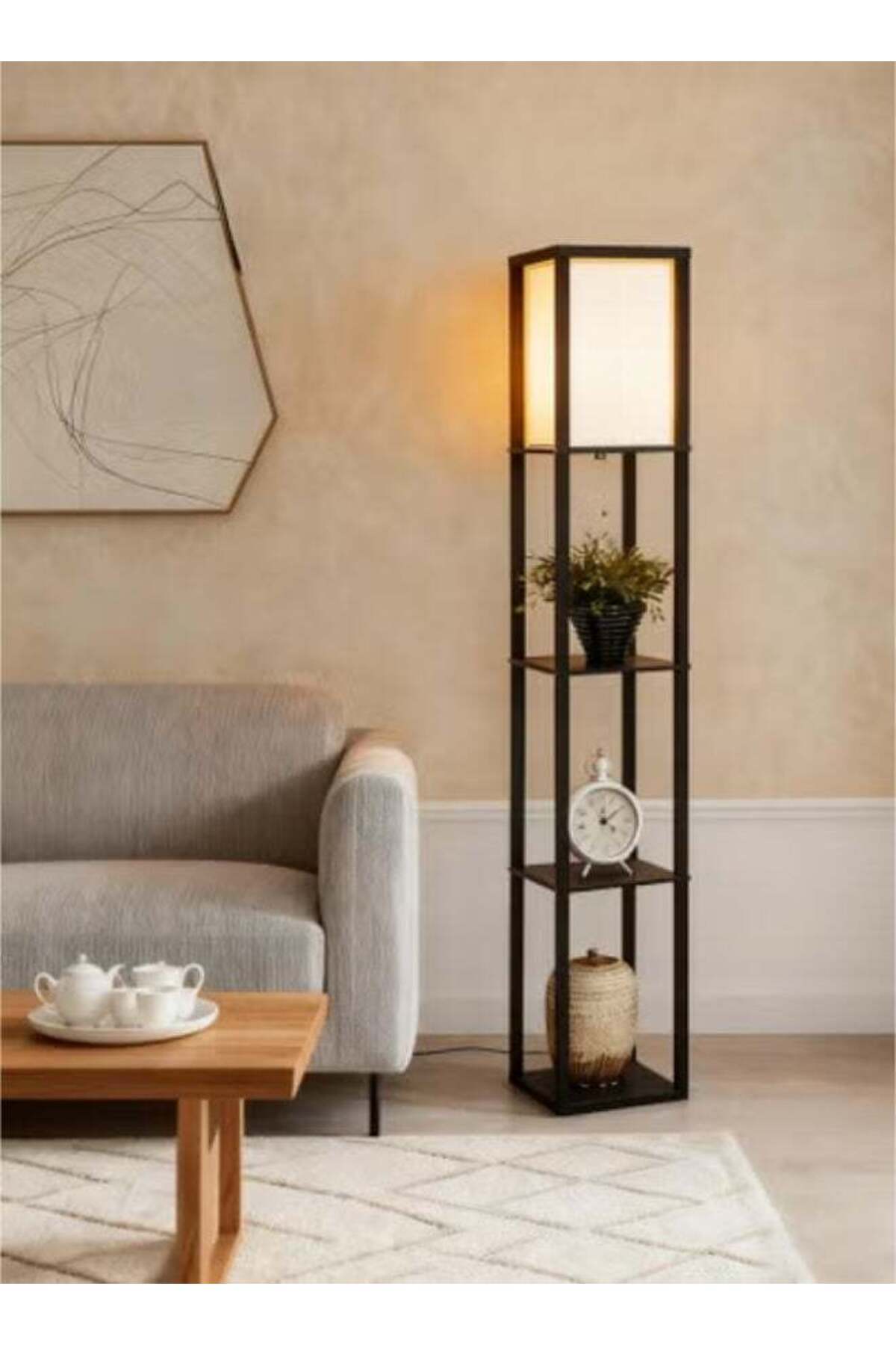 Modern Shelf Floor Lamp with Lamp Shade and LED Bulb Corner Display Floor Lamps with Shelves for Living Room Bedroom and Office Black