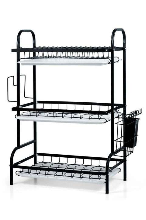 Beram Dish Drying Kitchen Rack, 3 Tier, Storage Organizer, Carbon Steel and Rust-Proof, with Drip Tray, Knife Holder, Cutting Board Holder, Black