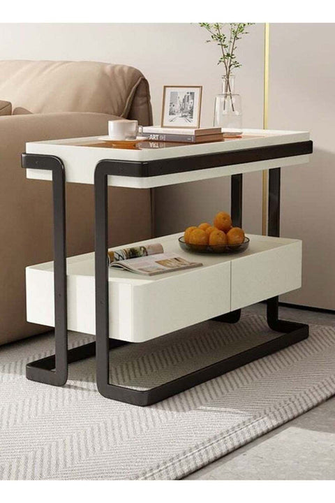 Deal fashionhome 2 Tiers Multipurpose Use Modern Design Side Table Tempered Glass Tabletop Sofa Side Table with 2 Storage Drawers High End Rectangular Narrow Living Room Storage Cabinet 80x40x58 cm