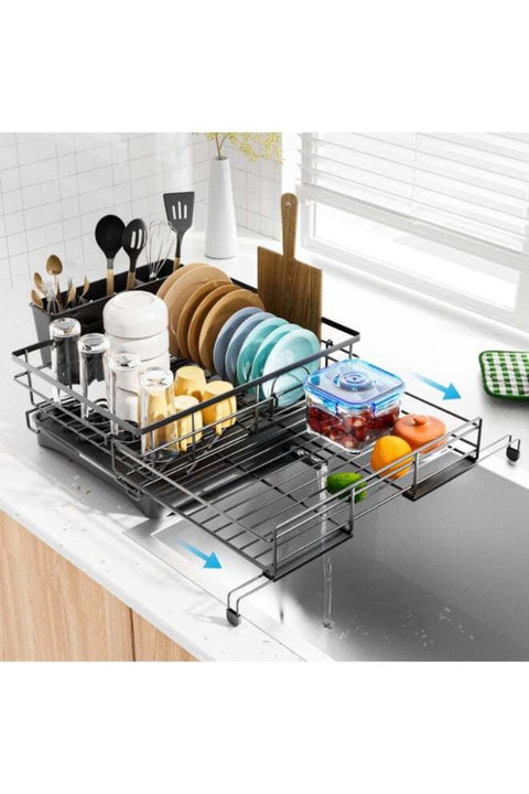 LODROC Extendable Dish Drying Rack,Large Drying Dish Drainer for Kitchen Counter, Stainless Steel Dish Strainer with Utensil Rack and Adjustable Feet for Sink (Black)