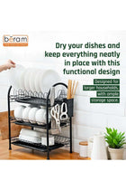 Beram 3-Tier Dish Rack, Kitchen Organiser, Utensils Drying Stand with Drip Tray, Knife Holder, Cutting Board Holder, Large Capacity, Rust-Proof, Black