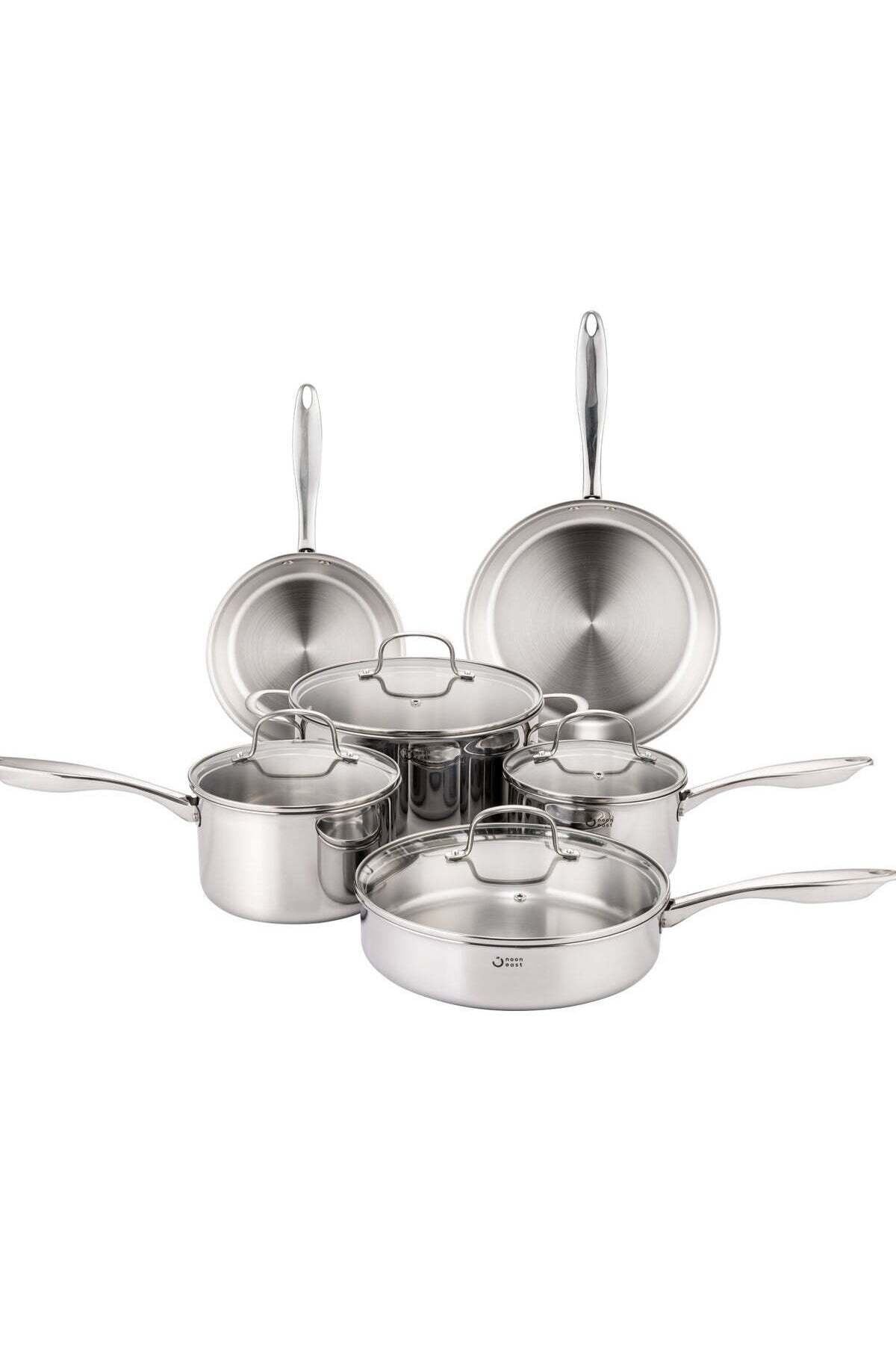 10 Piece Triply Stainless Steel Cookware Set, set includes 1x16cm Saucepan with lid, 1x18cm Saucepan with lid, 1x24cm Casserole with lid, 1x26cm Sautee P an with lid, 1x20cm open Frypan, 1x2