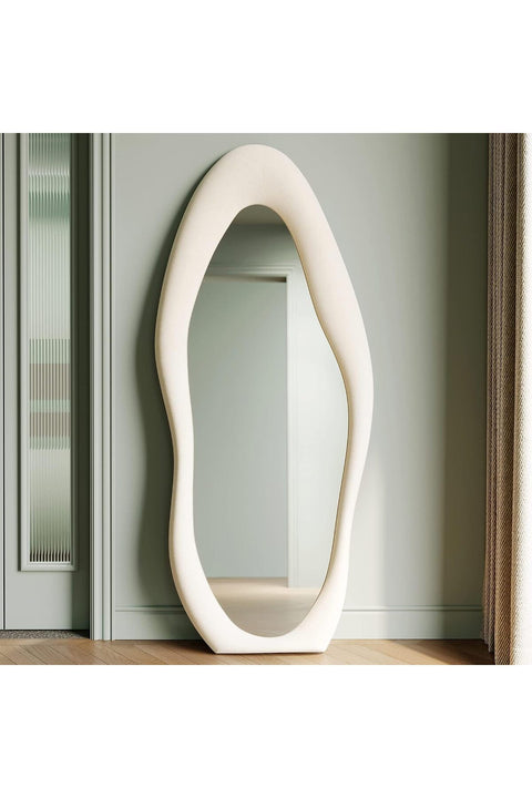VPHOME Full Length Mirror, 71" x 32" Wall Mirror, Flannel Wrapped Wooden Frame Floor Mirror, Irregular Wavy Mirror Hanging or Leaning Against Wall for Bedroom, Living Room, Cloakroom (White, 180*80cm)