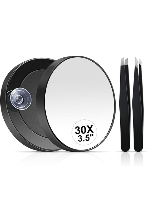 30X Magnifying Mirror, Small Magnifying Mirror with Suction Cup and Tweezers, as a Travel Makeup Mirror, Compact 3.3 Inch Eyebrow Plucking Mirror Set