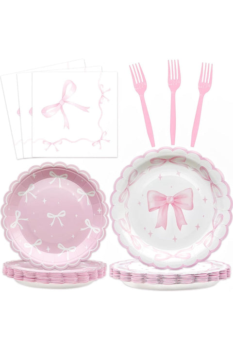 Pink Bow Party Supplies: Birthday Decor Plates & Napkins for Girl Bachelorette, Bridal, Baby Shower