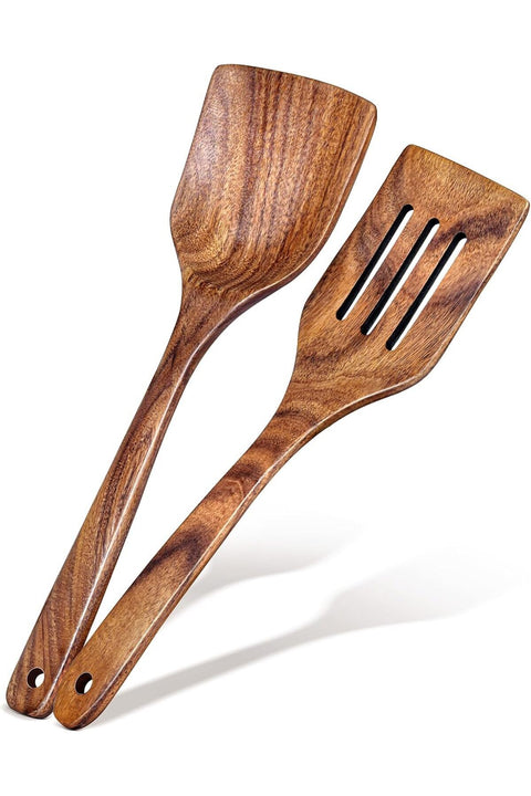 2Pcs Wooden Spatula for Cooking, Solid Turner & Slotted Spatula Set for Nonstick Pans, Acacia Kitchen Utensils Set