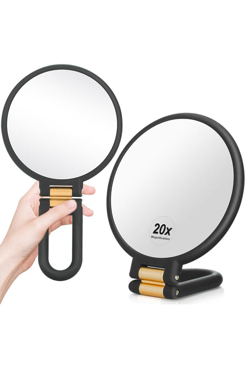 1x 20x Magnifying Travel Mirror, Hand Mirror with Handle - Double Side Hand Held Mirror with 1x 20x Magnification & Foldable Handle, Portable Travel Makeup Hand Mirror for Women (Black)