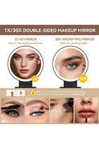 LED 1X/30X Magnifying Makeup Mirror, 3-Color, Rechargeable, Black | Foldable travel design, 360° rotation, 2000 mAh battery, includes tweezers for eyebrow and facial hair grooming