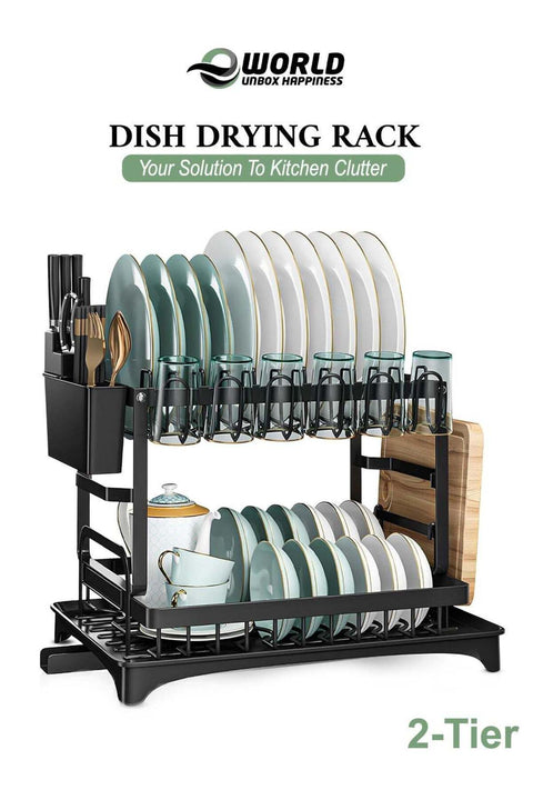 2-Tier Dish Drying Rack for Kitchen Counter – Black Stainless Steel Rustproof Dish Drainer with 360° Swivel Spout, Cutlery & Cup Holder, Space Saving Organizer
