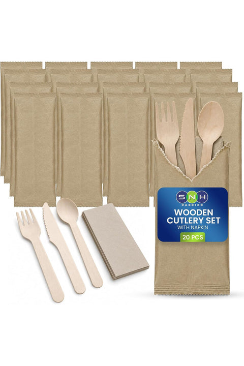Disposable Bamboo Fork, Spoon and Knife with Napkin Cutlery Set 20-Pieces, Wooden