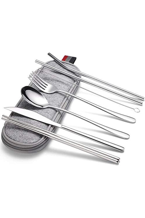 Portable Stainless Steel Travel Camping Cutlery Set with Waterproof Case, 7 Pieces