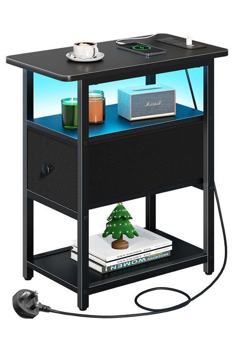 Yanara Narrow Side Table with LED Lights & Charging Station, 3-Tier End Table with Adjustable Fabric Drawer, Small Nightstand with Outlets for Bedroom & Living Room, Ideal for Small Spaces