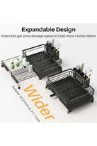 Extendable Dish Rack, Large Sink Drying Dish Drainer for Kitchen Counter, Stainless Steel Dish Strainer with Utensil Holder, Black