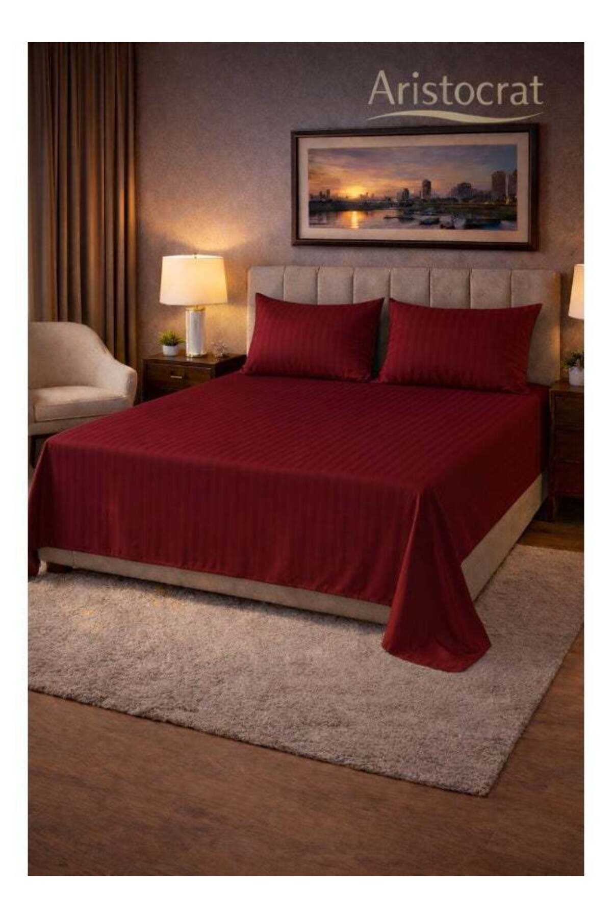 3‑Piece Striped Microfiber Flat Bed Sheet Set, suitable for Queen and King sizes, Maroon