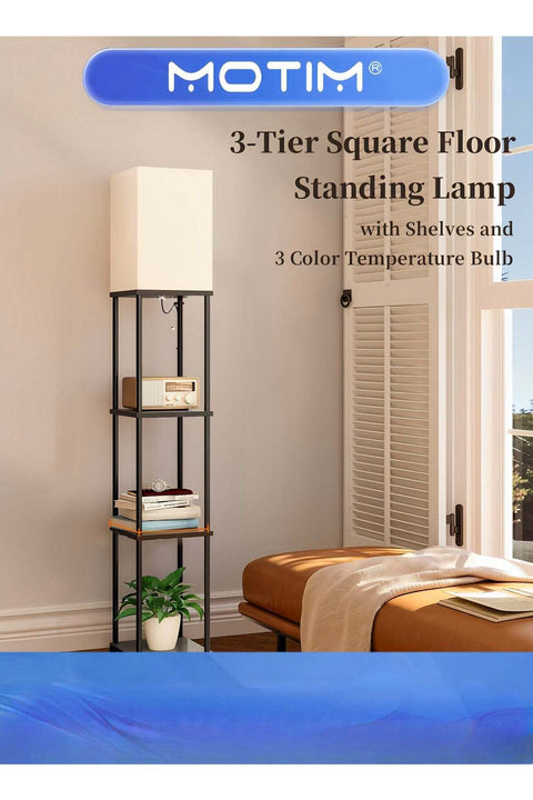 Floor Lamp with Shelves 3-Tier Modern Square Floor Standing Lamp with 3 Color Temperature Bulb