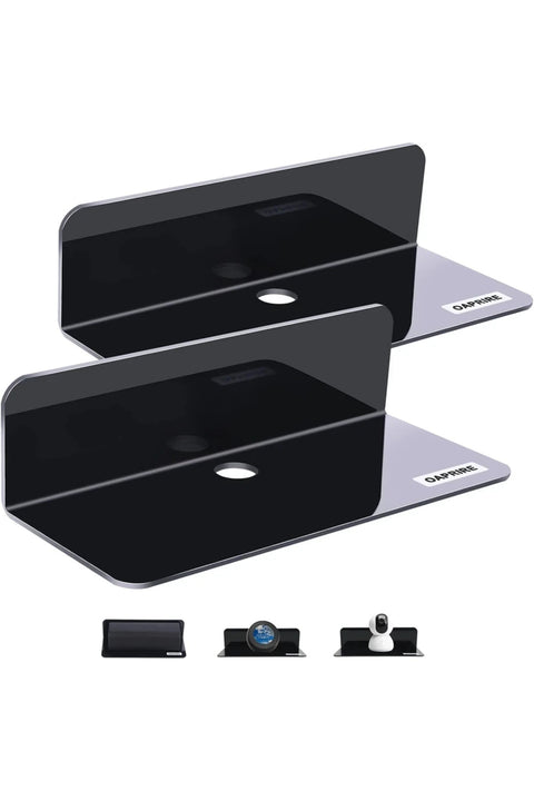 Acrylic Floating Wall Shelves Set of 2, Damage-Free Expand Wall Space, Black Small Wall Shelf for Smart Speaker, Action Figures, Monitor with Cable Clips, Stick on, No Drill