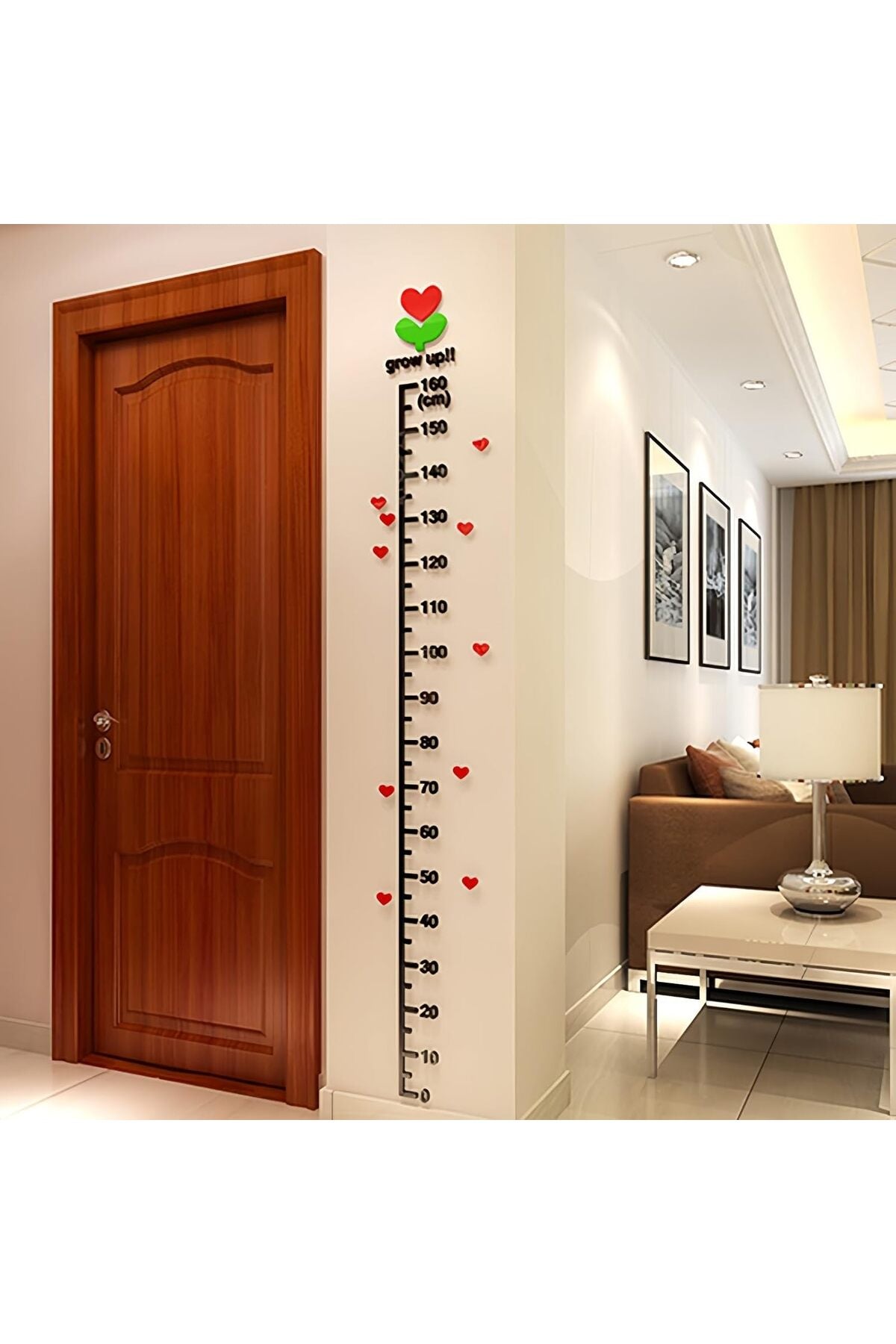 3D DIY Acrylic Height Growth Chart Wall Sticker for Kids Room, Door Decor with Heart Design, 0-160cm Measurement Scale
