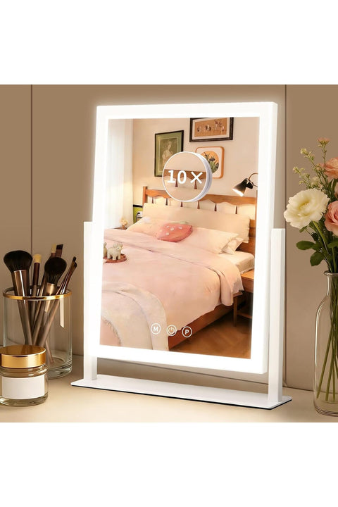 LED Makeup Mirror 3 Color Lighting Touch Control Rechargeable Vanity Mirror 10X Magnifying Cosmetic Mirror for Bedroom Bathroom 360° rotation